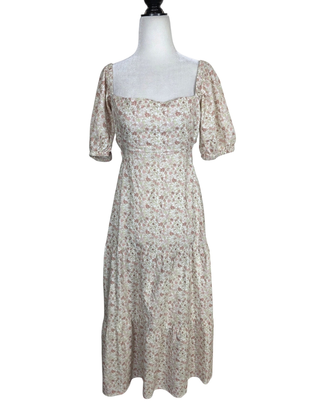 Rythm Cotton & Ramie Criss-cross backFloral Square-Neck Midi Dress Puff Sleeves